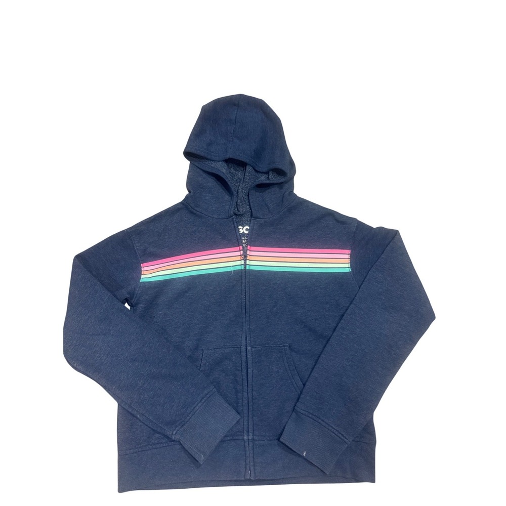 SO The Favorite Full Zip Hoodie Navy Blue Rainbow Stripe Girls XL 14/16 Fleece